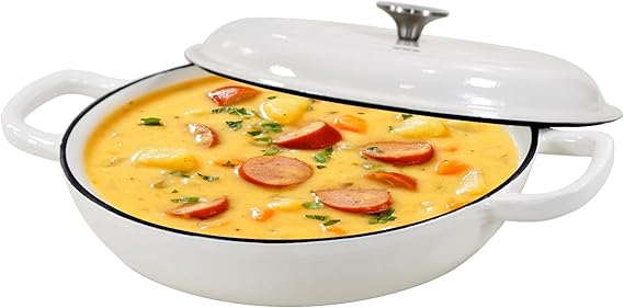 Cookwin white 3.8 quart enameled cast iron braiser pan with lid