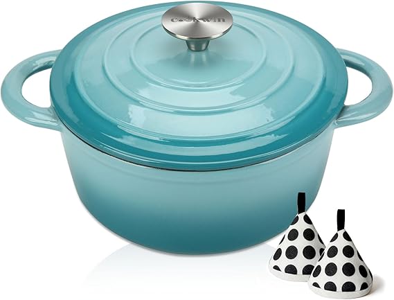COOKWIN 5 QT teal enameled cast iron Dutch oven with self basting lid